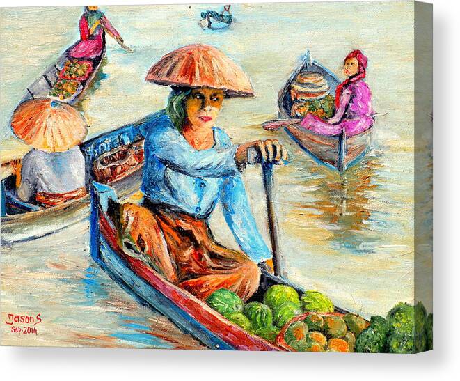 River Canvas Print featuring the painting Women on Jukung by Jason Sentuf