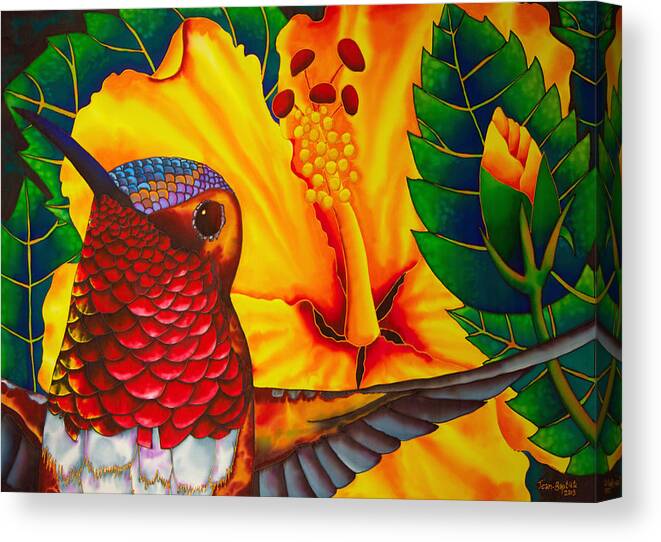 Hibiscus Flower Canvas Print featuring the painting Rufous Hummingbird - Exotic Bird by Daniel Jean-Baptiste