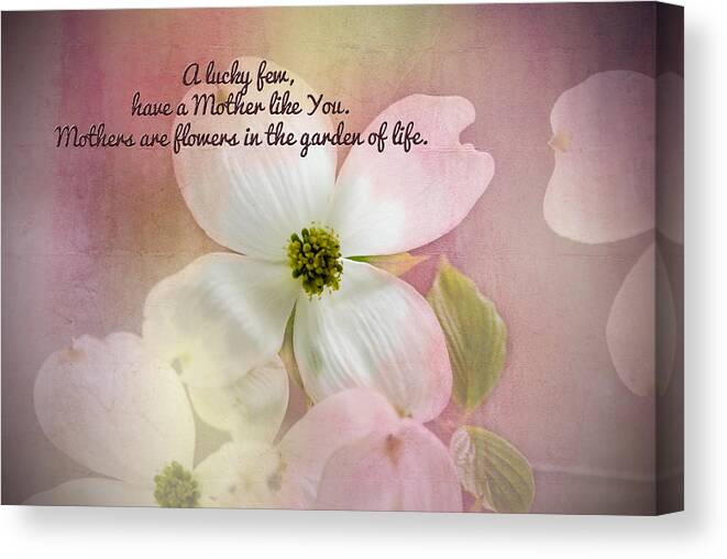 Dogwood Blossoms. Pink And White Petals. Green Leaves. Texture. Photography. Print. Posters. Greeting Cards. Mother's Day Greeting Cards. Mother's Day Verse. Word Art. Digital Art. Canvas Print featuring the photograph Dogwood Blossoms. #1 by Mary Timman