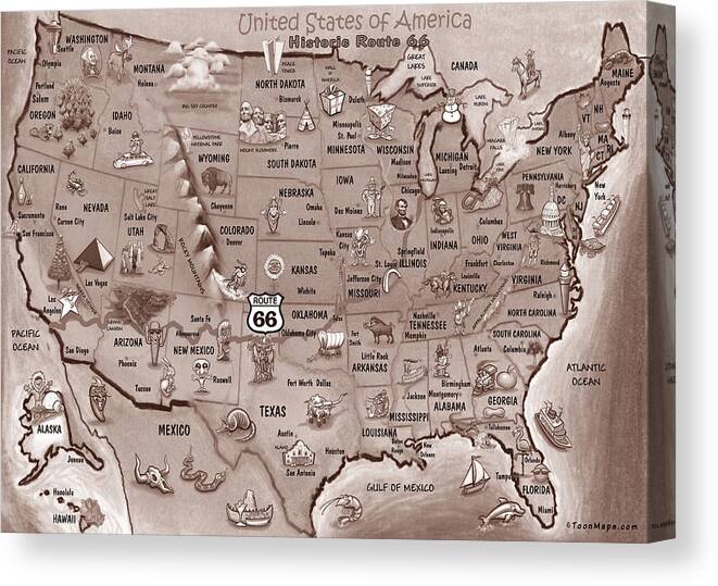 Route 66 Canvas Print featuring the painting Historic Route 66 Cartoon Map #1 by Kevin Middleton