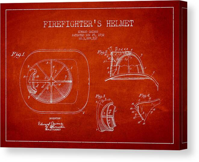 Firefighter Canvas Print featuring the digital art Vintage Firefighter Helmet Patent drawing from 1932 #3 by Aged Pixel