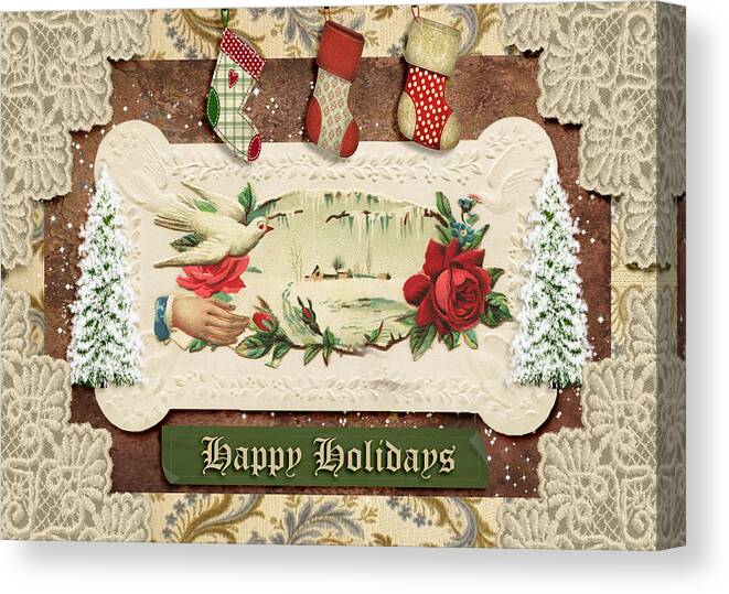 Holiday Canvas Print featuring the mixed media Vintage Happy Holidays #2 by Paula Ayers