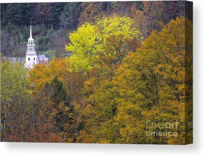 Village Canvas Print featuring the photograph White Steepled Church With Fall Color #1 by Ellen Thane
