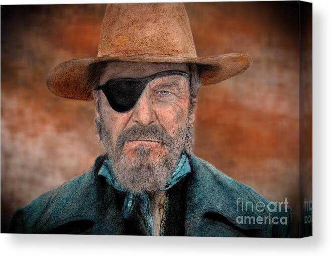 Jeff Bridges Canvas Print featuring the drawing Jeff Bridges as U.S. Marshal Rooster Cogburn in True Grit #1 by Jim Fitzpatrick