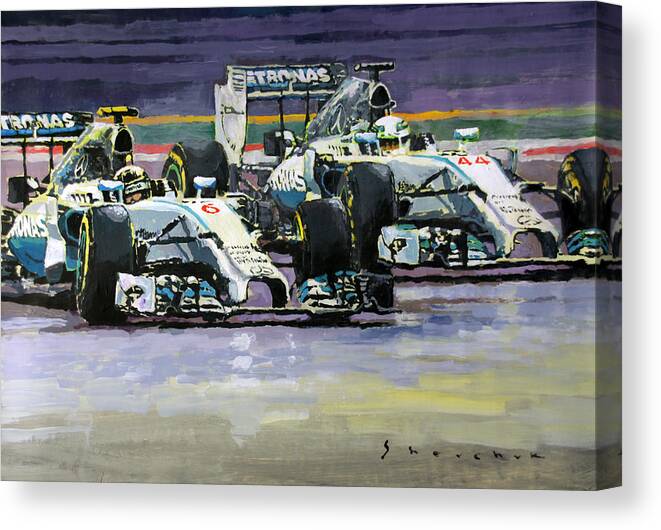 Acrylic On Paper Canvas Print featuring the painting 2014 F1 MERCEDES AMG PETRONAS Lewis Hamilton vs Nico Rosberg by Yuriy Shevchuk
