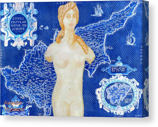 Augusta Stylianou Canvas Print featuring the digital art Ancient Cyprus Map and Aphrodite by Augusta Stylianou