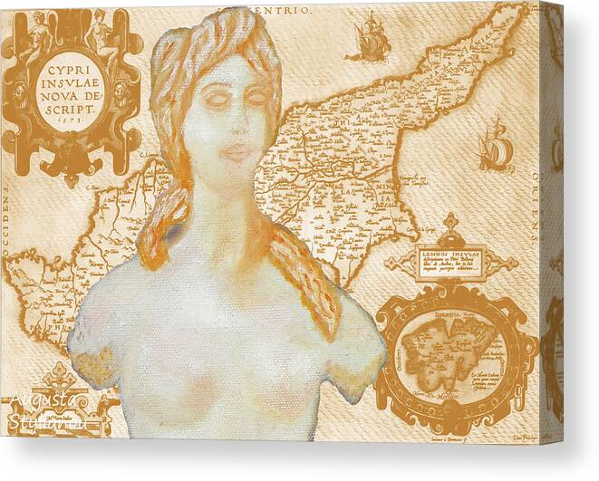 Augusta Stylianou Canvas Print featuring the digital art Ancient Cyprus Map and Aphrodite #40 by Augusta Stylianou