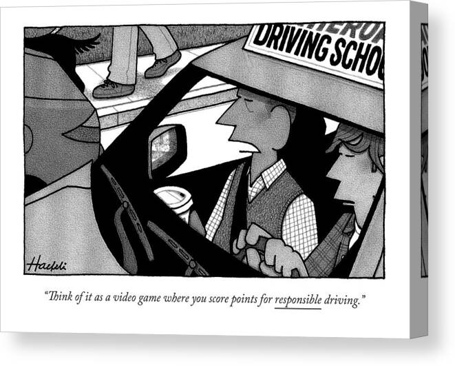 Video Game Canvas Print featuring the drawing A Driver's Ed Teacher Speaks To His Student by William Haefeli