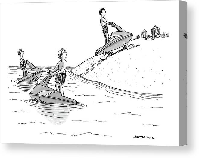 Evolution Canvas Print featuring the drawing A Man On A Jetski Looks At Another Man by Joe Dator