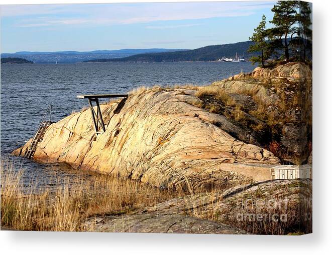 Landscape Water Fjord Trees Norway Pink Scandinavia Europe Waterfront Fjords Rocks Sky Blue Green Cream Yellow Grey Sky Clouds White Beige Canvas Print featuring the photograph A Summer Day by the Oslo Fjord by Jeanette Rode Dybdahl