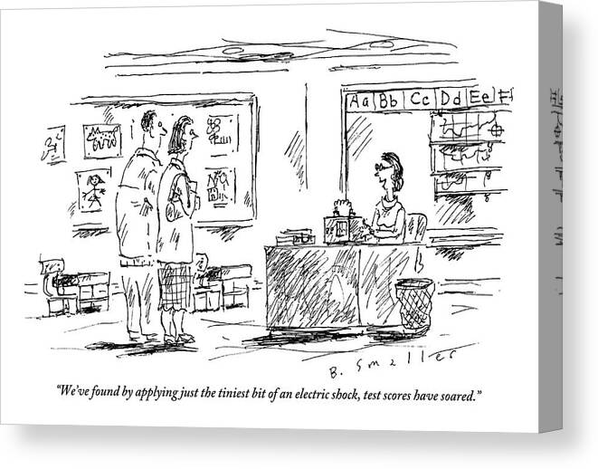 A Teacher Speaks To Two Parents Standing In Her Classroom. Tests Canvas Print featuring the drawing A Teacher Speaks To Two Parents Standing by Barbara Smaller