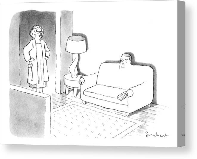 A Wife Stands In The Doorway Of The Living Room Where Her Husband Has Morphed Into A Couch. Furniture Canvas Print featuring the drawing A Wife Stands In The Doorway Of The Living Room by David Borchart