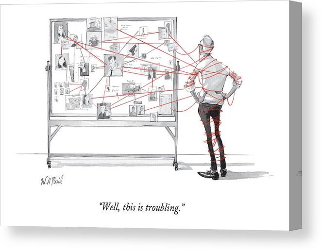 Corkboard Canvas Print featuring the drawing An Investigator Wrapped Up In The String by Will McPhail