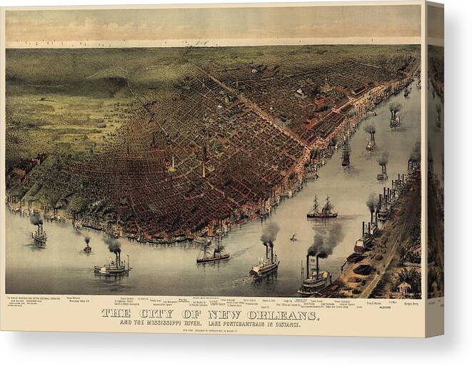 New Orleans Canvas Print featuring the drawing Antique Map of New Orleans by Currier and Ives - circa 1885 by Blue Monocle