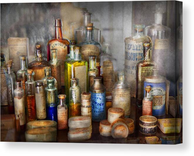 Pharmacy Canvas Print featuring the photograph Apothecary - For all your Aches and Pains by Mike Savad