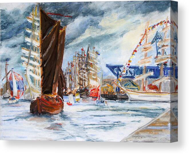 Boat Canvas Print featuring the drawing Arrival At The Hanse Sail Rostock by Barbara Pommerenke