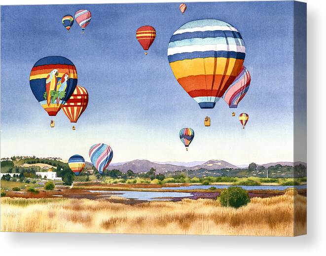 Encinitas Canvas Print featuring the painting Balloons over San Elijo Lagoon Encinitas by Mary Helmreich