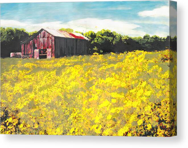 Fine Art Canvas Print featuring the painting Barn Yellow Spring Fields Maryland Landscape Fine Art Painting by G Linsenmayer