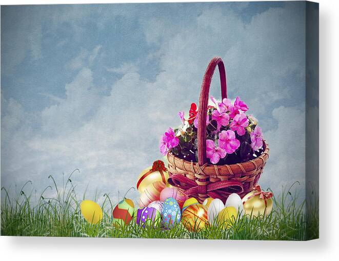 Flowers. Impatients. Pink Petals. Leaves. Green Grasses. Easter Decorated Eggs. Bows. Blue Skies. White Clouds. Texture. Photography. Digital Art. Prints. Posters. Greeting Cards. Easter Greeting Card. Canvas. Canvas Print featuring the photograph Basket of Easter by Mary Timman