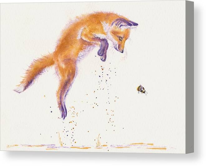 Foxes Canvas Print featuring the painting Bee Naive - Leaping Fox Cub by Debra Hall