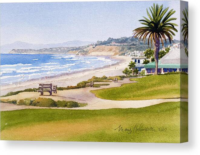 Pacific Canvas Print featuring the painting Bench at Powerhouse Beach Del Mar by Mary Helmreich