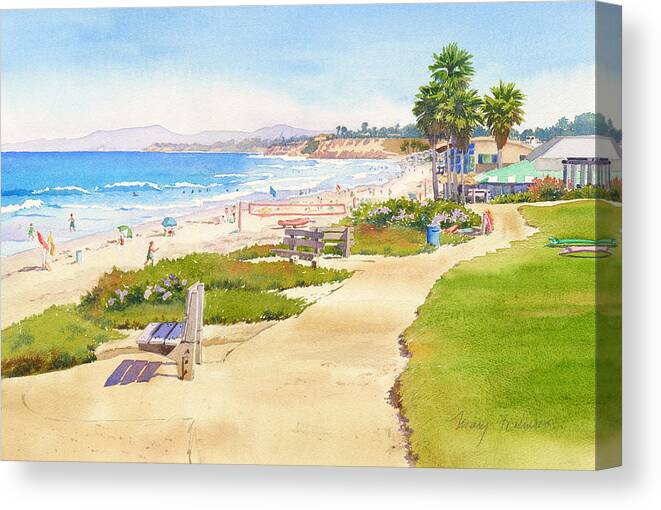 Beach Canvas Print featuring the painting Benches at Powerhouse Beach Del Mar by Mary Helmreich