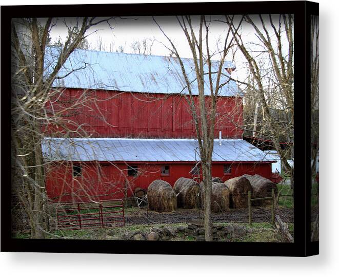 Barn Canvas Print featuring the photograph Big Red Barn and Hay by PJQandFriends Photography