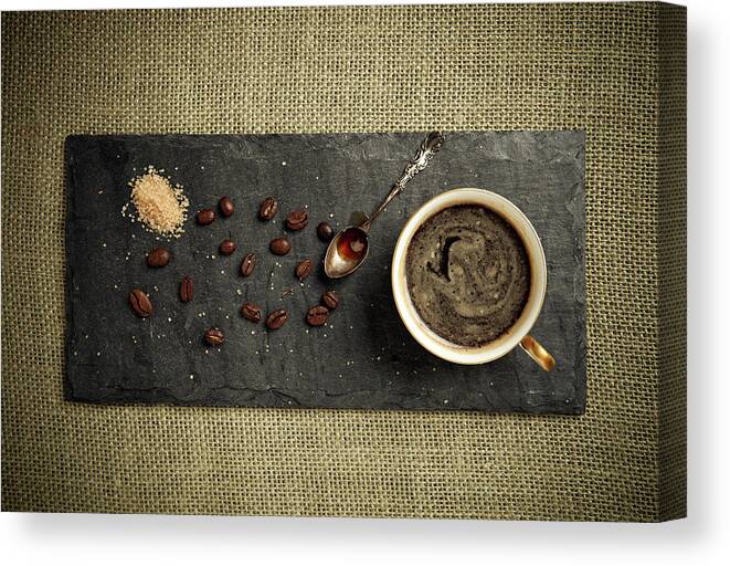 Breakfast Canvas Print featuring the photograph Black Espresso And Coffee Beans by Jorgegonzalez