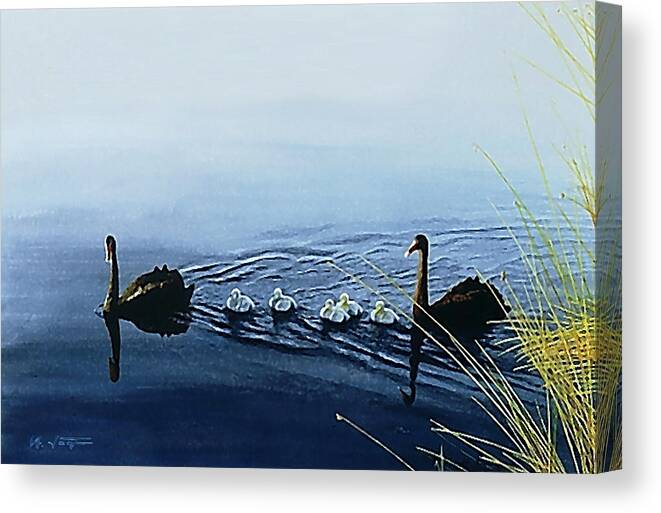 Black Swans Canvas Print featuring the painting Black Swans by Hartmut Jager