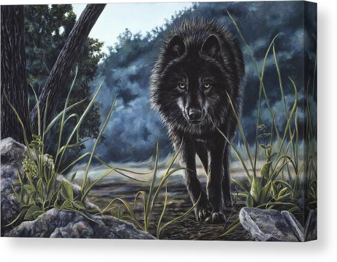 Wolf Canvas Print featuring the painting Black Wolf Hunting by Lucie Bilodeau