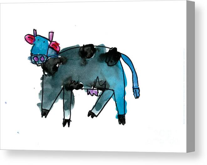 Cow Canvas Print featuring the painting Blue Cow by Andrew Yap Age Six