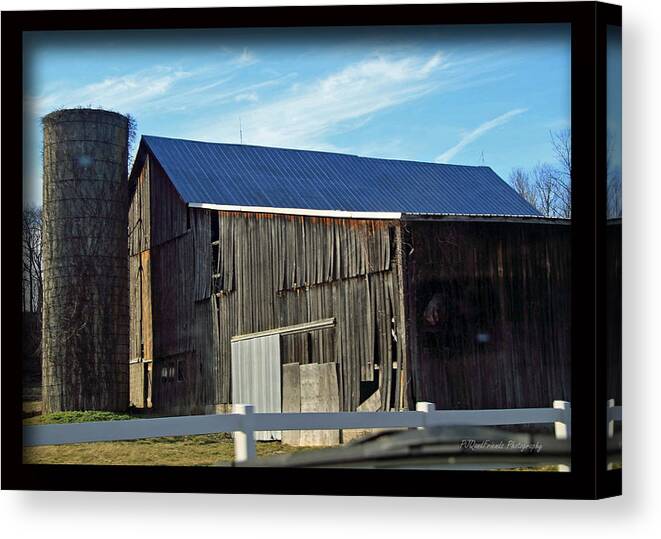 Barns Canvas Print featuring the photograph Blue Roof Barn and Silo by PJQandFriends Photography