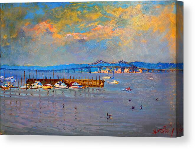 Piermont Ny Canvas Print featuring the painting Boats in Piermont harbor NY by Ylli Haruni