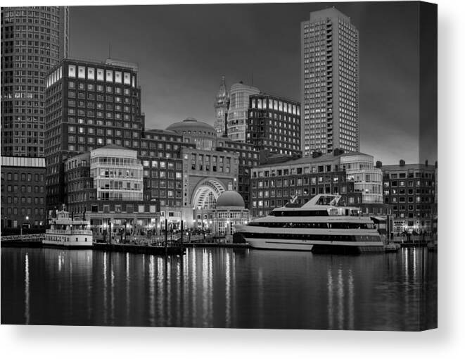 Boston Canvas Print featuring the photograph Boston Harbor Skyline and Financial District BW by Susan Candelario