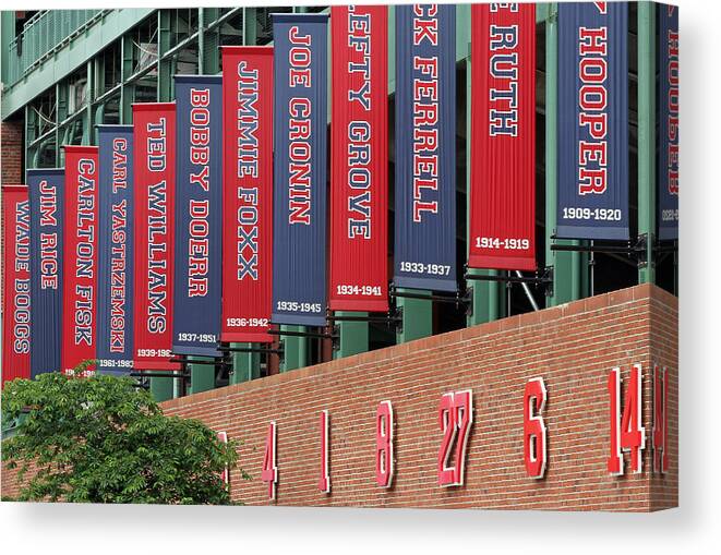 Teammates Canvas Print featuring the photograph Boston Red Sox Retired Numbers Along Fenway Park by Juergen Roth
