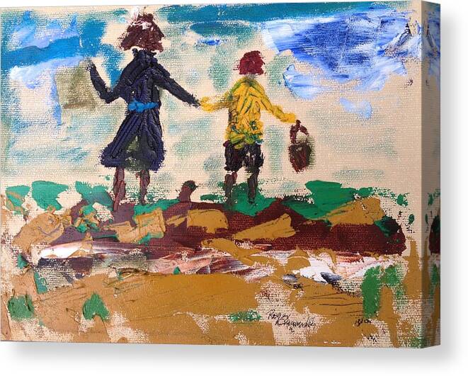 Landscape Canvas Print featuring the painting Brother and Sister Playing in the field. by Roger Cummiskey