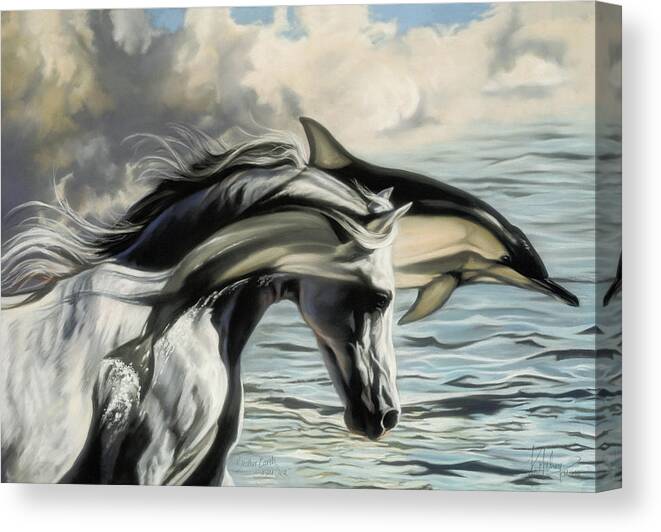 Horse Dolphin Canvas Print featuring the pastel Brother Earth Sister Sea by Kim McElroy