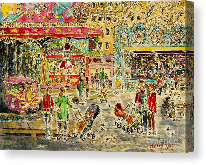 Watercolor Canvas Print featuring the painting Buggies on annual fair by Almo M