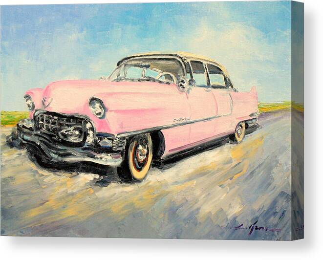 Cadillac Canvas Print featuring the painting Cadillac Fleetwood 1955 pink by Luke Karcz