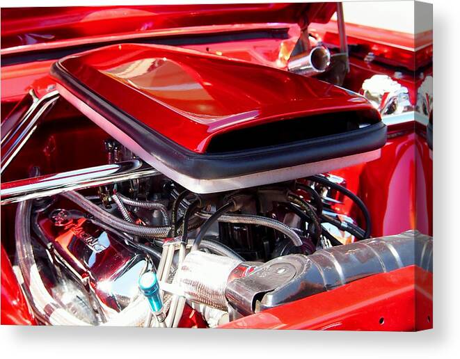Car Canvas Print featuring the photograph Candy Apple Red Horsepower - Ford Racing Engine by Amy McDaniel