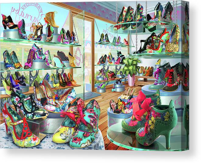 Adrian Chesterman Canvas Print featuring the drawing Carnaby Shoe Shop by MGL Meiklejohn Graphics Licensing