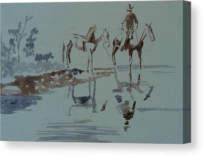 Art Canvas Print featuring the painting Cautious Creek Crossing by Bern Miller