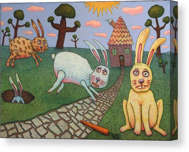 Rabbits Canvas Print featuring the painting Chasing Tail by James W Johnson