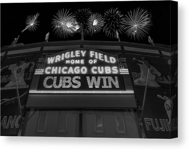Chicago Canvas Print featuring the photograph Chicago Cubs Win Fireworks Night B W by Steve Gadomski