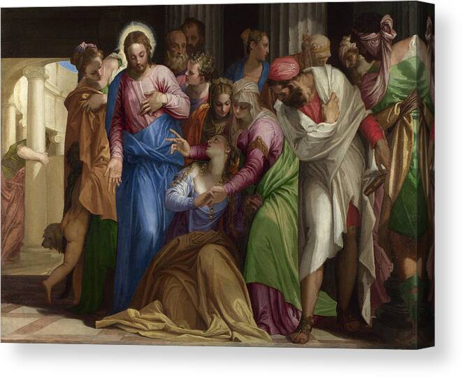 Paolo Veronese Canvas Print featuring the painting Christ addressing a Kneeling Woman by Paolo Veronese