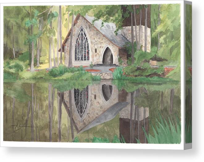 <a Href=http://miketheuer.com Target =_blank>www.miketheuer.com</a> Church In The Woods Watercolor Portrait Canvas Print featuring the drawing Church In The Woods Watercolor Portrait by Mike Theuer