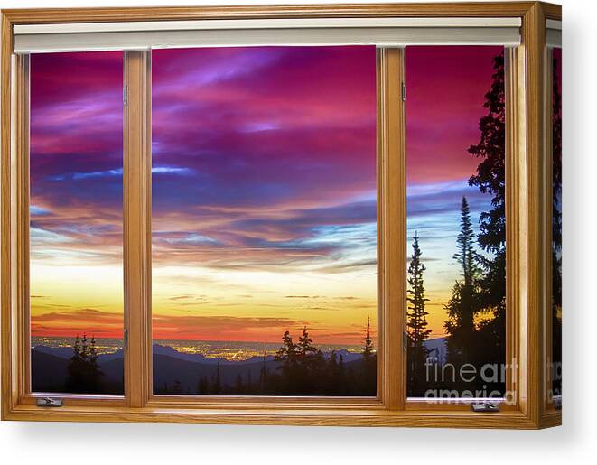 Windows Canvas Print featuring the photograph City Lights Sunrise Classic Wood Window View by James BO Insogna