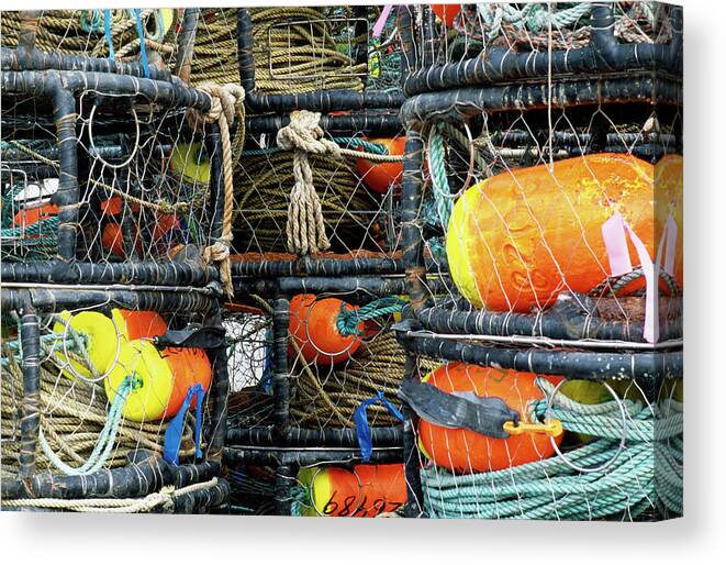 Bodega Bay Canvas Print featuring the photograph Close-up Of Crab Traps, Bodega Bay, Ca by Ron Koeberer