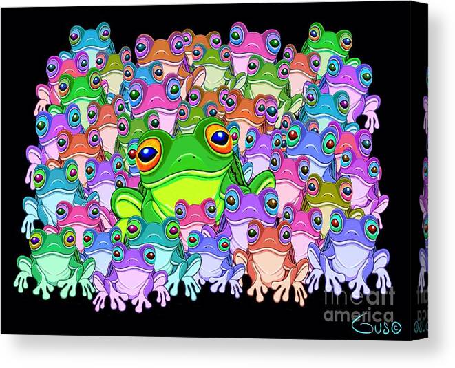 Frogs Canvas Print featuring the painting Colorful Froggy Family by Nick Gustafson