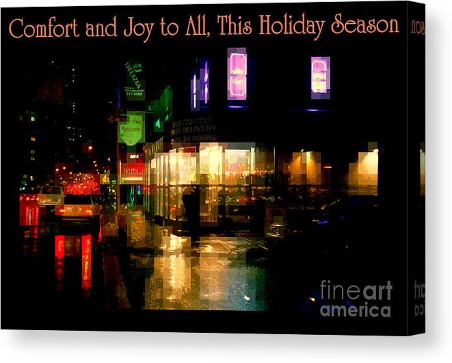 Rainy Night Canvas Print featuring the photograph Comfort and Joy to All This Holiday Season - Corner in the Rain - Holiday and Christmas Card by Miriam Danar